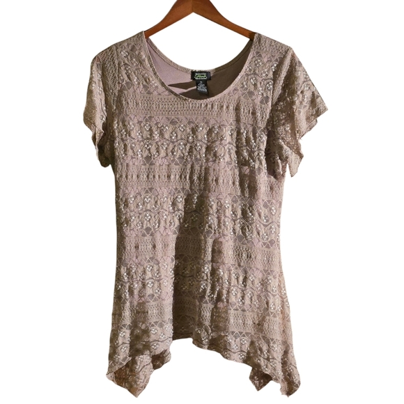 Shannon Ford New York Pale Taupe Lace Top Shark Bite Hem Women size XL - Picture 11 of 12